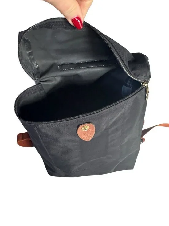 Longchamp Le Pliage Mini Backpack Black Canvas Brown Leather Flap - Picture 10 of 15